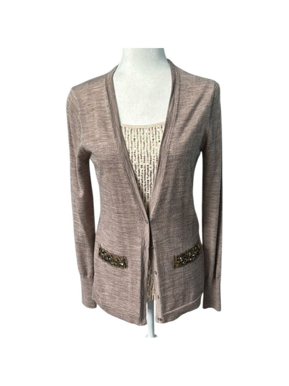 Loft Cardigan Wool Blend Jewel Embellished Tan Sweater Size Small